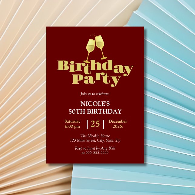 Invitation Golden Champagne Birthday Party Burgundy (Créateur téléchargé)