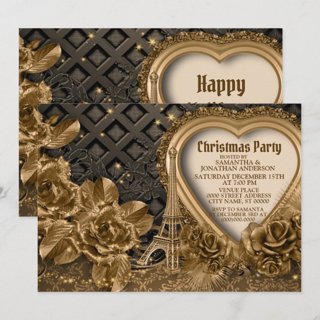 Invitation Golden Christmas Party Belle Élégante (Devant / Derrière)