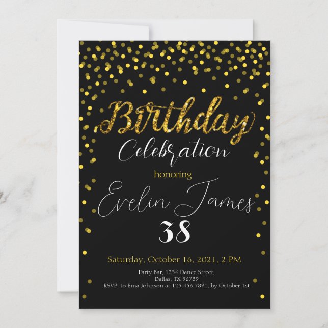Invitation Golden Confetti Invitation, Gold Birthday Party  (Devant)