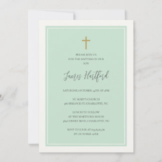Invitation Golden cross minimalist aqua teal boys baptism