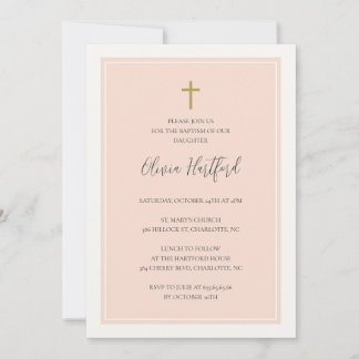 Invitation Golden cross minimalist peach girl baptism