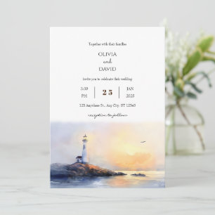 Invitation Golden Dawn Lighthouse Watercolor Beach Mariage