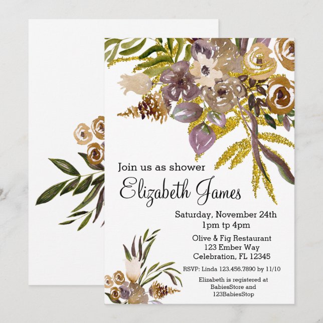 Invitation Golden Elegance Fall Baby shower floral (Devant / Derrière)