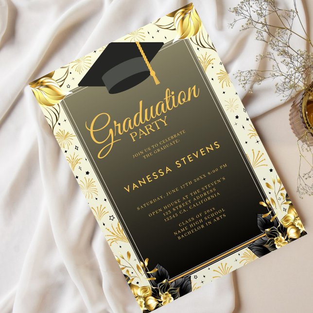 Invitation Golden Et Beige Illustré Joyeux Jour De Graduation (Créateur téléchargé)