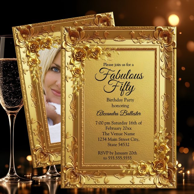 Invitation Golden Fabulous Elegant Birthday Photo Gold Floral (Créateur téléchargé)