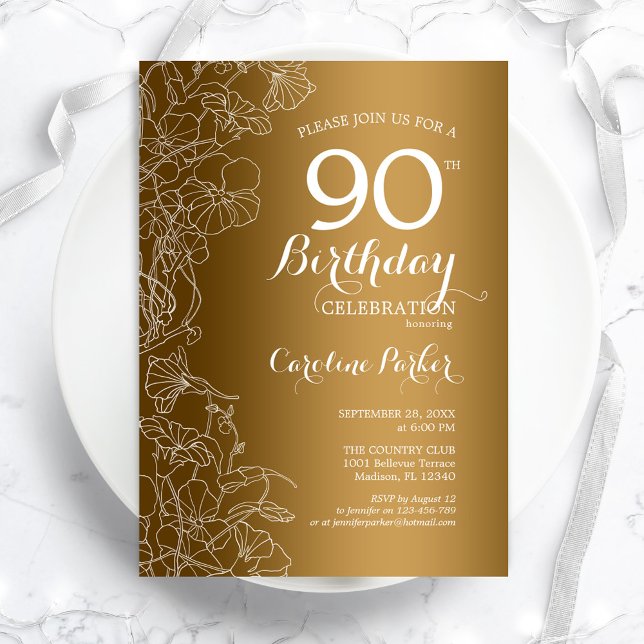 Invitation Golden Floral 90e fête d'anniversaire (Créateur téléchargé)