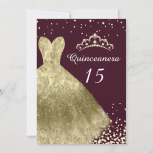 Invitation Golden Gown Bourgogne Retour Quinceanera Party 15e