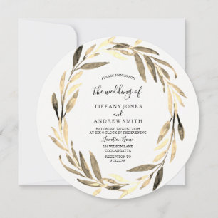 Invitation Golden Leaf Wreath Mariage élégant