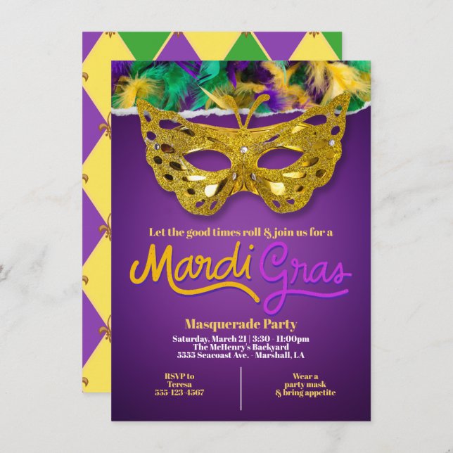 Invitation Golden Mardi Gras Masquerade Célébration (Devant / Derrière)
