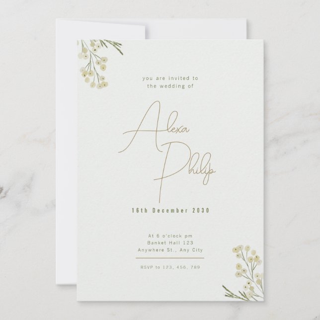 Invitation Golden Minimaliste aquarelle Fleurs Mariage (Devant)