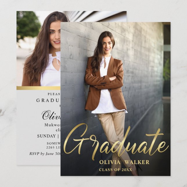 Invitation Golden Modern 2 PHOTO Graduation Party (Devant / Derrière)