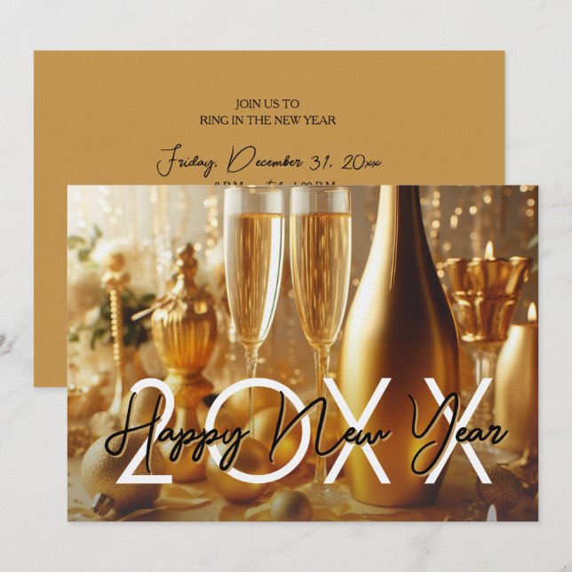 Invitation Golden Modern Happy New Year's Eve Party (Devant / Derrière)