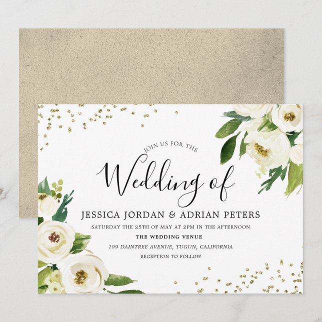 Invitation Golden Modern White Floral Mariage (Devant / Derrière)