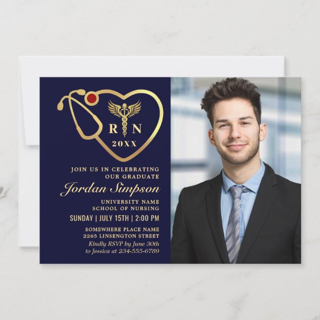Invitation Golden Navy Modern Nursing School Graduation Party (Devant)