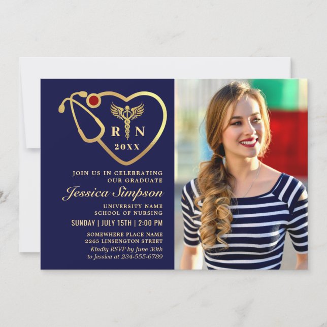 Invitation Golden Navy Modern Nursing School Graduation Party (Devant)
