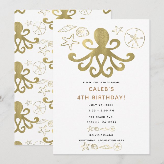 Invitation Golden Octopus & Sea Shells Beach Anniversaire Fêt (Devant / Derrière)