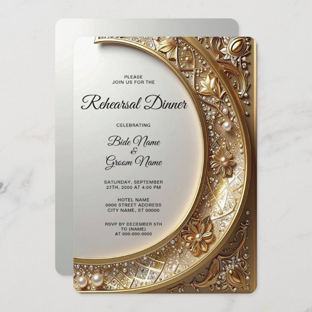 Invitation Golden Ornate Frame Rehearsal Dinner (Devant / Derrière)