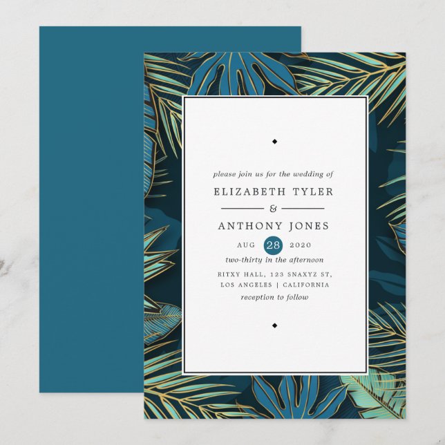 Invitation Golden Palm Feuille Exotic Tropical Mariage (Devant / Derrière)