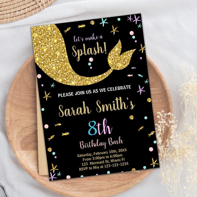 Invitation Golden Parties scintillant Mermaid Tail Anniversai (Golden Glitter Mermaid Tail Birthday Invitations)