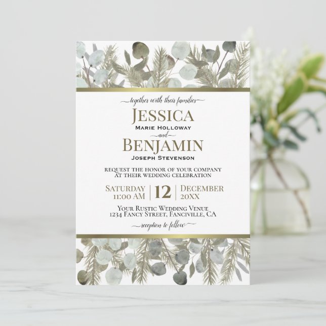 Invitation Golden Pine & Eucalyptus Rustique Mariage d'hiver (Debout devant)