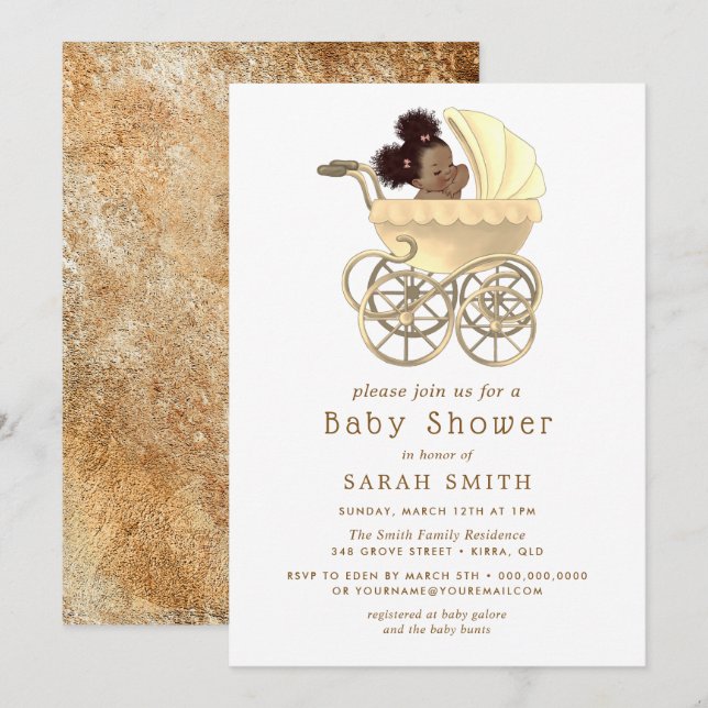 Invitation Golden Pram Cute Baby Gold Baby shower (Devant / Derrière)