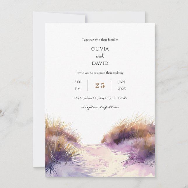 Invitation Golden Purple Sunset Sandy Dunes Beach Mariage (Devant)