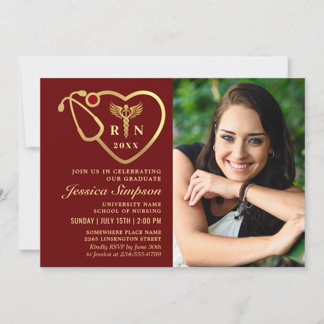 Invitation Golden Red Modern Nursing School Graduation Party (Devant)