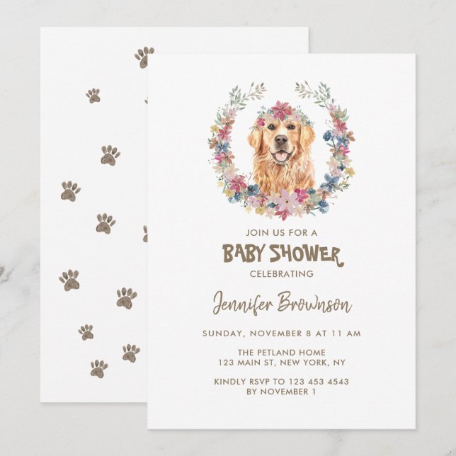 Invitation Golden Retriever Flower Wreath Dog Baby shower (Devant / Derrière)