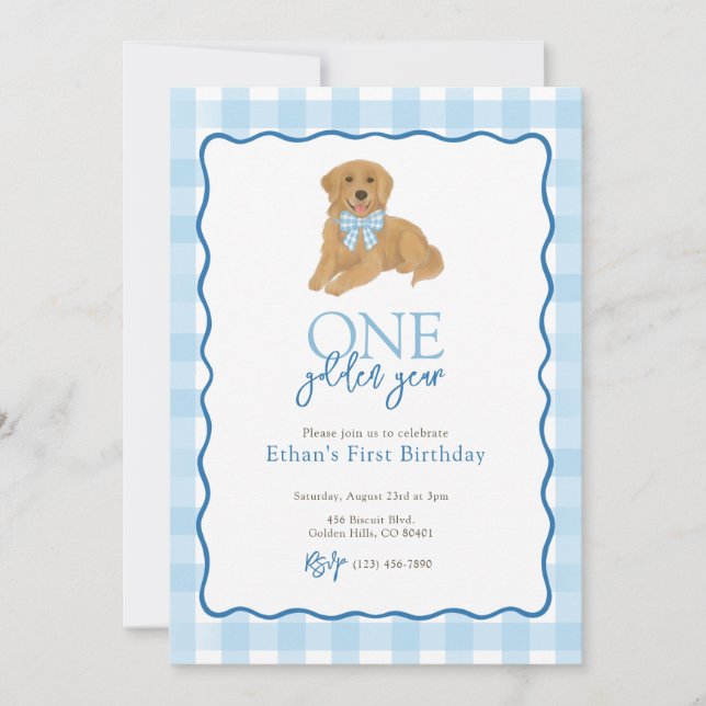 Invitation Golden Retriever un an d'or premier anniversaire (Devant)