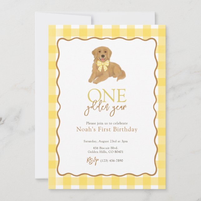 Invitation Golden Retriever un an d'or premier anniversaire (Devant)