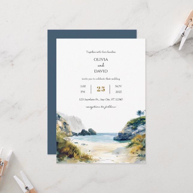 Invitation Golden Sand Tropical Palms Beach Cove Art Mariage (Devant/Arrière en situation)