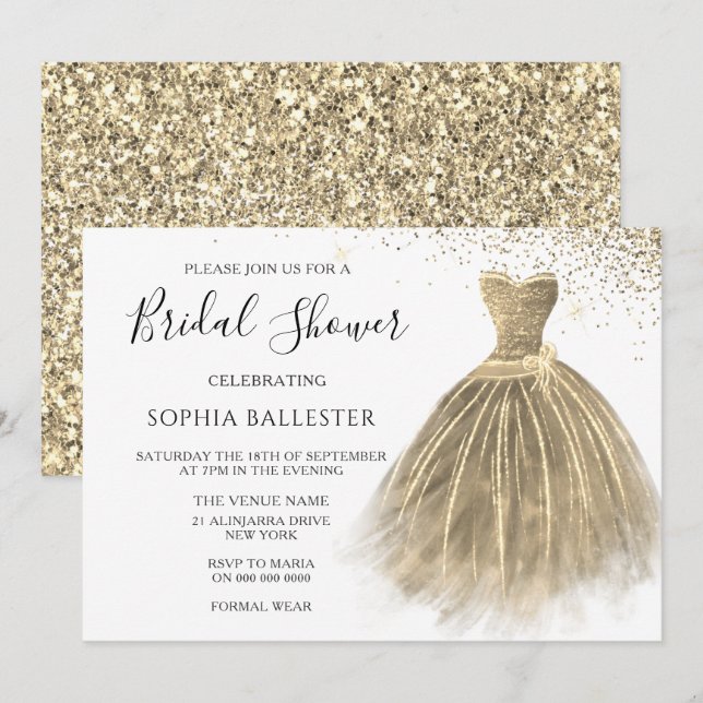 Invitation Golden Sepia Gold Parties scintillant robe Fête de (Devant / Derrière)