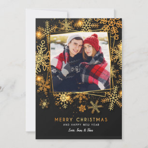 Invitation Golden Snowflakes Photo Holiday Card