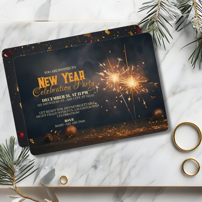 Invitation Golden Sparklers & Festive Charm Élégant Nouvel An (Créateur téléchargé)