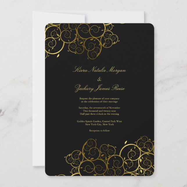 Invitation Golden Spirals Vine Classy Black Wedding Invitatio (Devant)