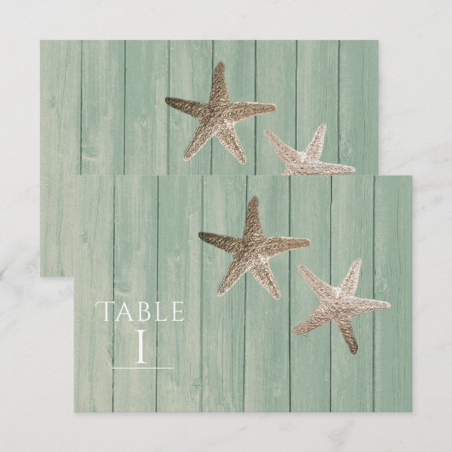 Invitation Golden Starfish & Wood Elegant Beach Numéro de tab (Devant / Derrière)