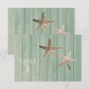 Invitation Golden Starfish & Wood Elegant Beach Numéro de tab