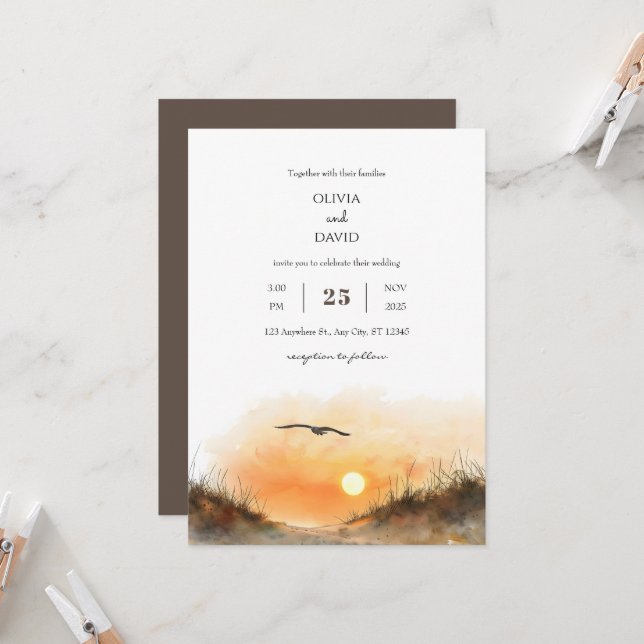 Invitation Golden Sunset Sandy Dunes Watercolor Plage Mariage (Devant/Arrière en situation)