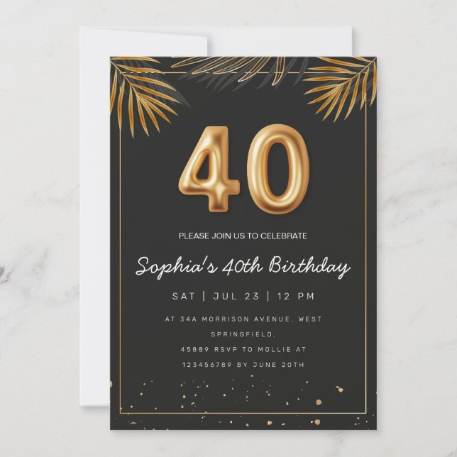 Invitation Golden Tropical Palm Feuille 40e anniversaire (Devant)