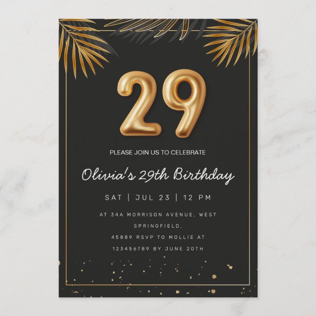 Invitation Golden Tropical Palm Leaves 29th Birthday  (Devant)