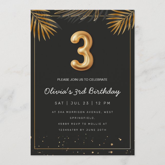 Invitation  Golden Tropical Palm Leaves 3rd Birthday  (Devant)
