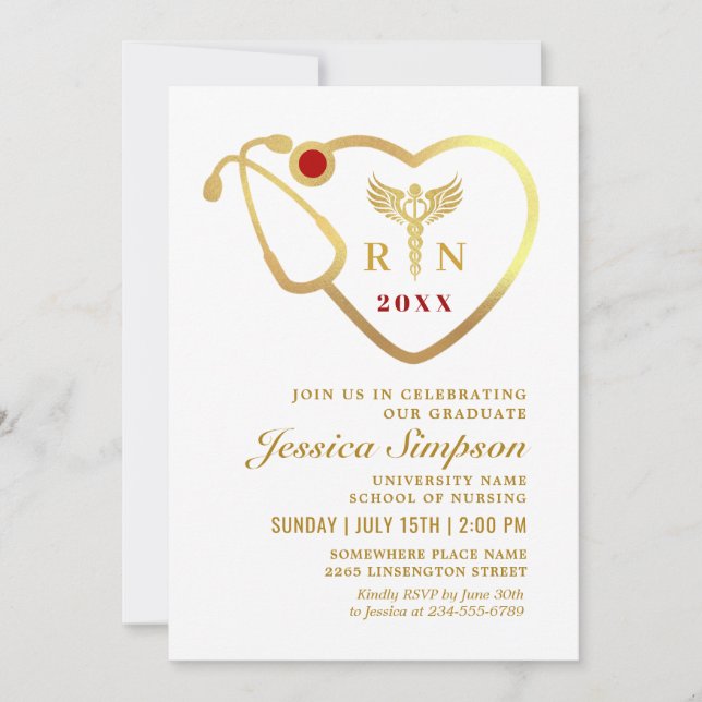 Invitation Golden White Modern Nursing School Graduation (Devant)