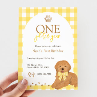 Invitation Goldendoodle Yellow Gingham First Birthday