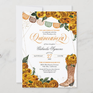 Invitation Goldenrod Yellow Roses Charra Cowgirl Quinceañera