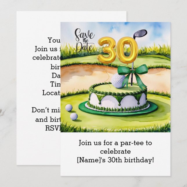 Invitation Golf 30th Birthday Cake pour Golfer Party (Devant / Derrière)