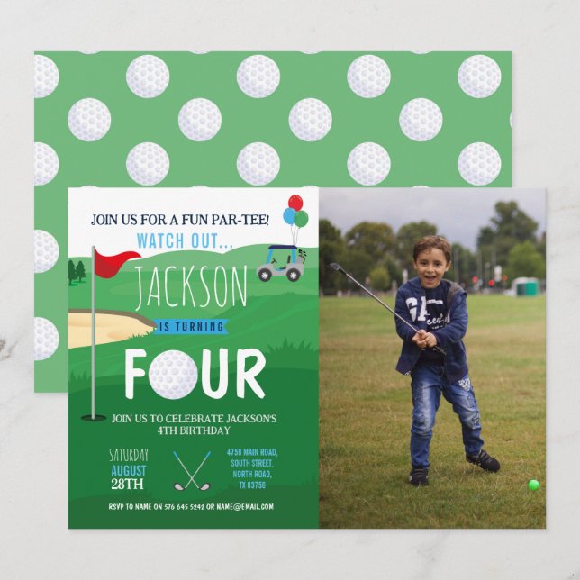 Invitation Golf 4e anniversaire Four Golf Course Clubs Photo (Devant / Derrière)