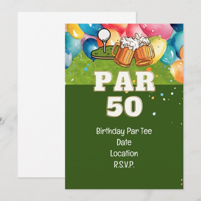 Invitation Golf 50e anniversaire avec golf et bière (Devant / Derrière)