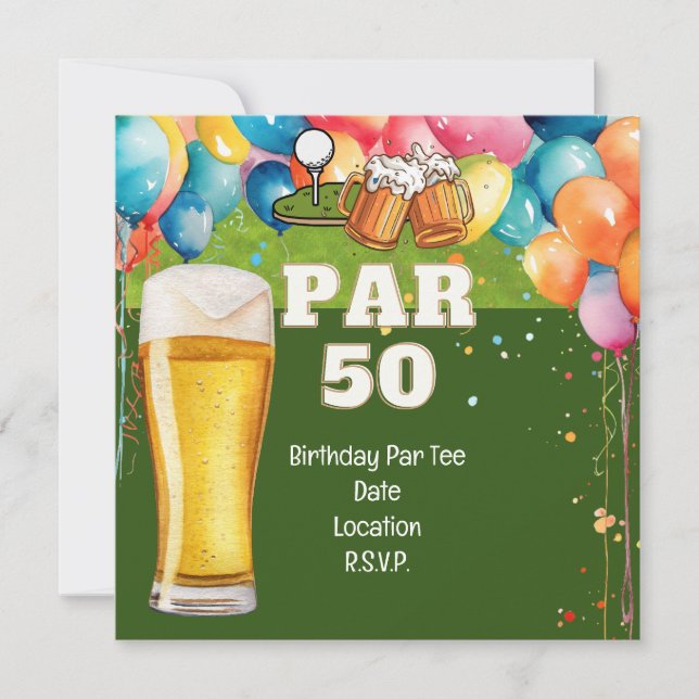 Invitation Golf 50e anniversaire avec golf et bière (Devant)