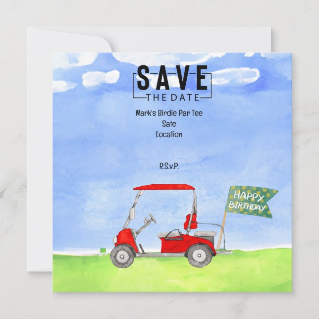 Invitation Golf Anniversaire Économisez la date avec Golf Car (Devant)