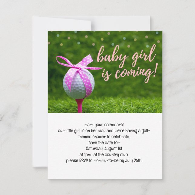 Invitation Golf bébé fille vient avec le ruban rose boule (Devant)
